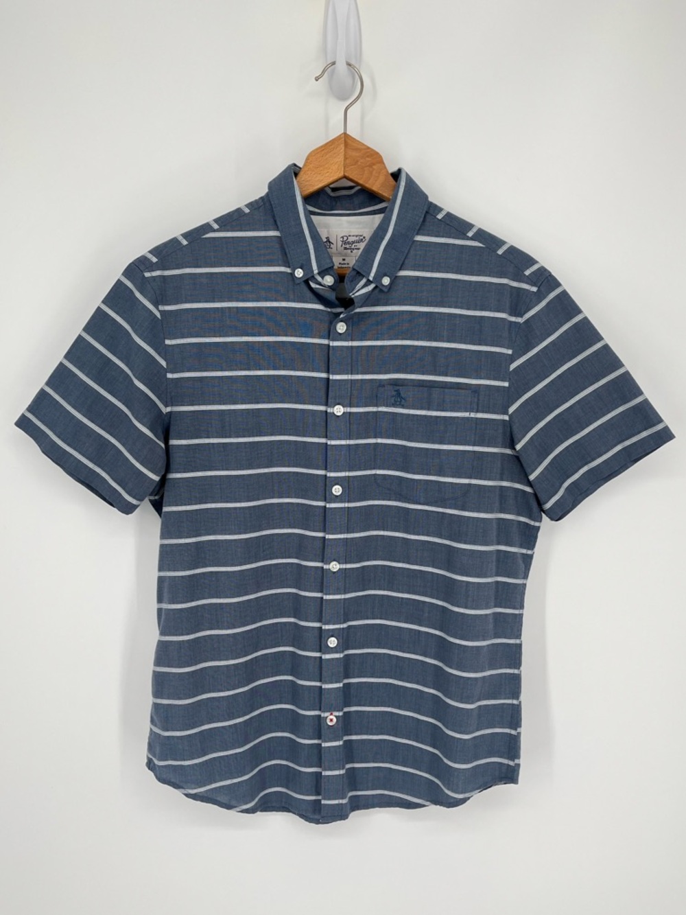 Original Penguin Blue Striped Short Sleeve  Button-Down Shirt Men’s Size Medium